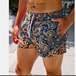 SHEIN Men's Paisley Swim Trunks - Navy and Orange